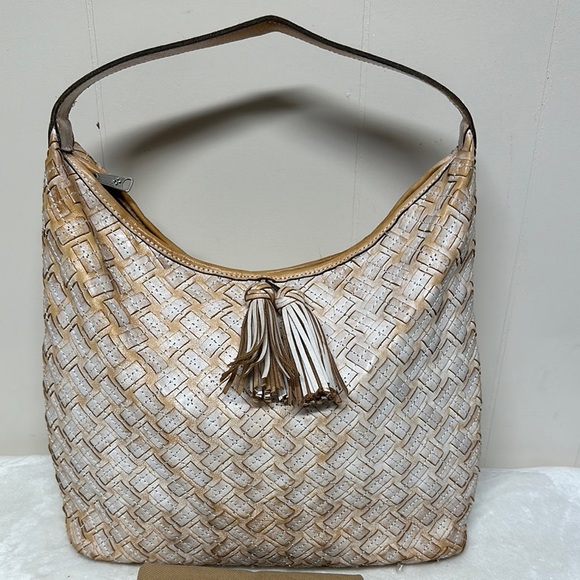 PATRICIA NASH White & Brown BRAIDED STITCH Leather MARCELLINA Hobo Bag - Picture 1 of 16